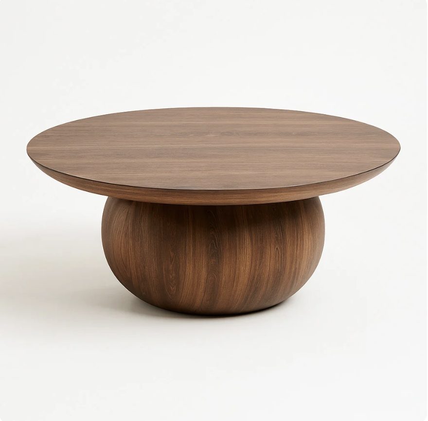 Bloom round coffee table from above, showing the tapered wood-tone top