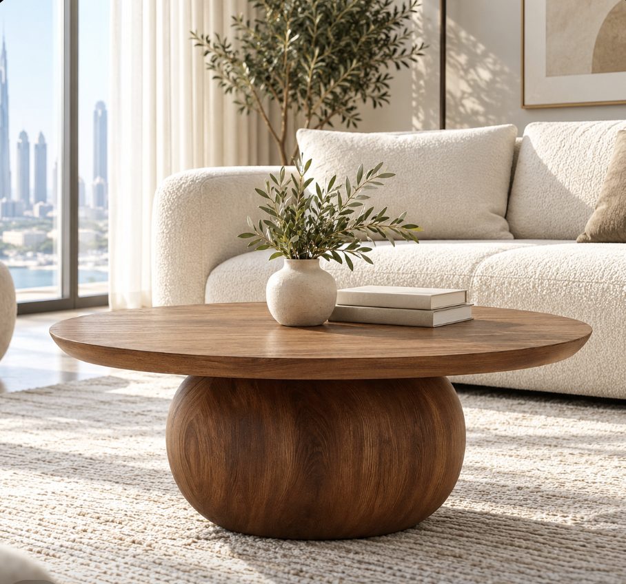 Bloom round coffee table styled in a Dubai apartment living room with a cream sofa