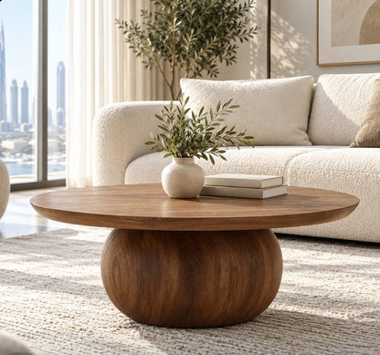 Bloom round coffee table styled in a Dubai apartment living room with a cream sofa