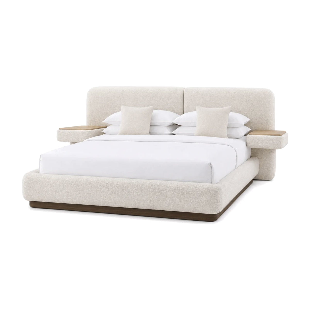 Cassia bouclé bed with wide headboard and built-in side tables, angle view — RoomVibe