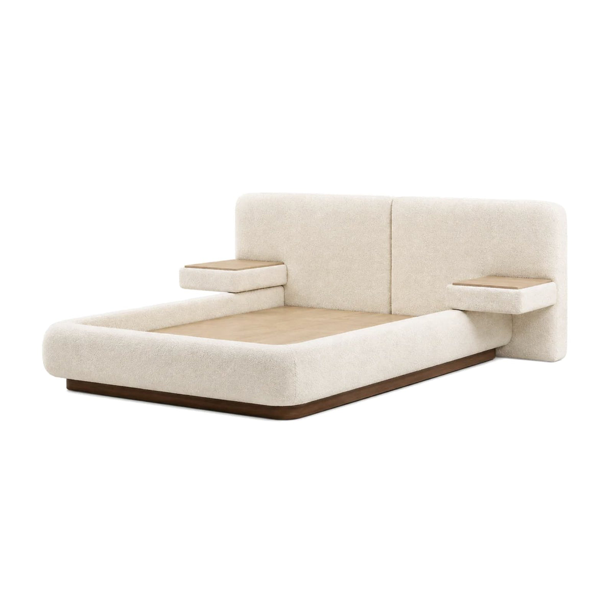 Cassia bed frame without mattress showing wooden platform, wood plinth and side tables — RoomVibe Dubai