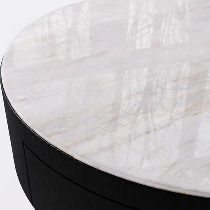 Modern Marble-Top Coffee Table with Integrated Storage and Brass Detailing