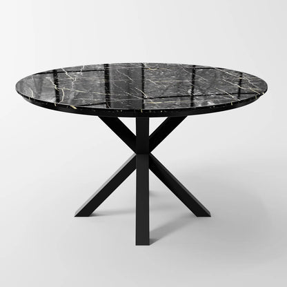 Contemporary Round Dark Grey Concrete Dining Table with Interlocking Arch Base