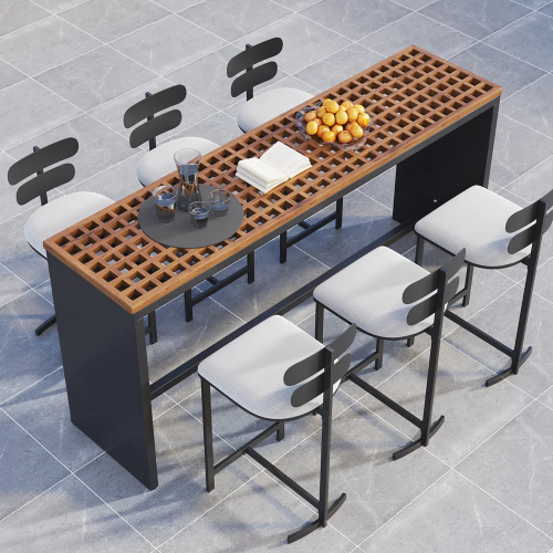Modern Seven Piece Industrial High Dining Set with Slatted Wood Top