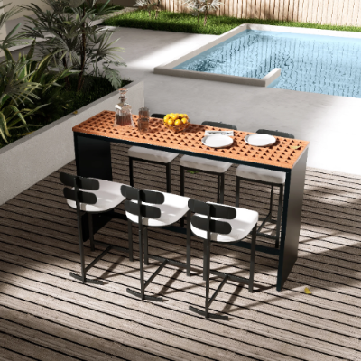 Modern Seven Piece Industrial High Dining Set with Slatted Wood Top