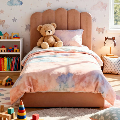 Teddy Fabric Upholstered Kids Bed — Soft Caramel