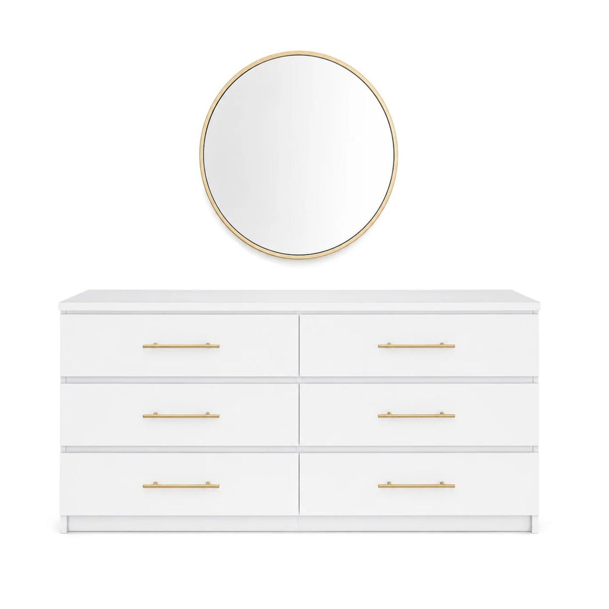 Isla white 6-drawer dresser with gold handles and round gold mirror, front view
