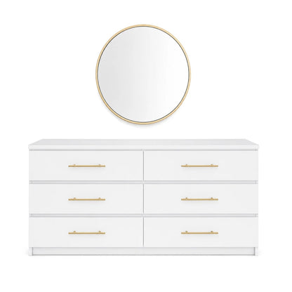 Isla white 6-drawer dresser with gold handles and round gold mirror, front view