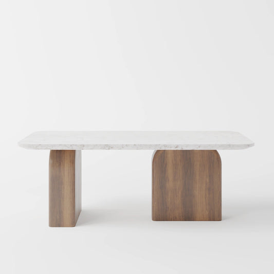 The Arc-Slab Table: Modern White Marble Top with Sculptural Dark Wood Supports