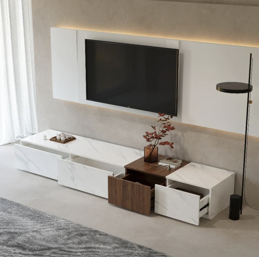 Kai marble and walnut TV unit with all four drawers open