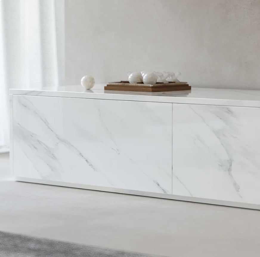 Close-up of Kai TV unit white marble-effect drawer fronts
