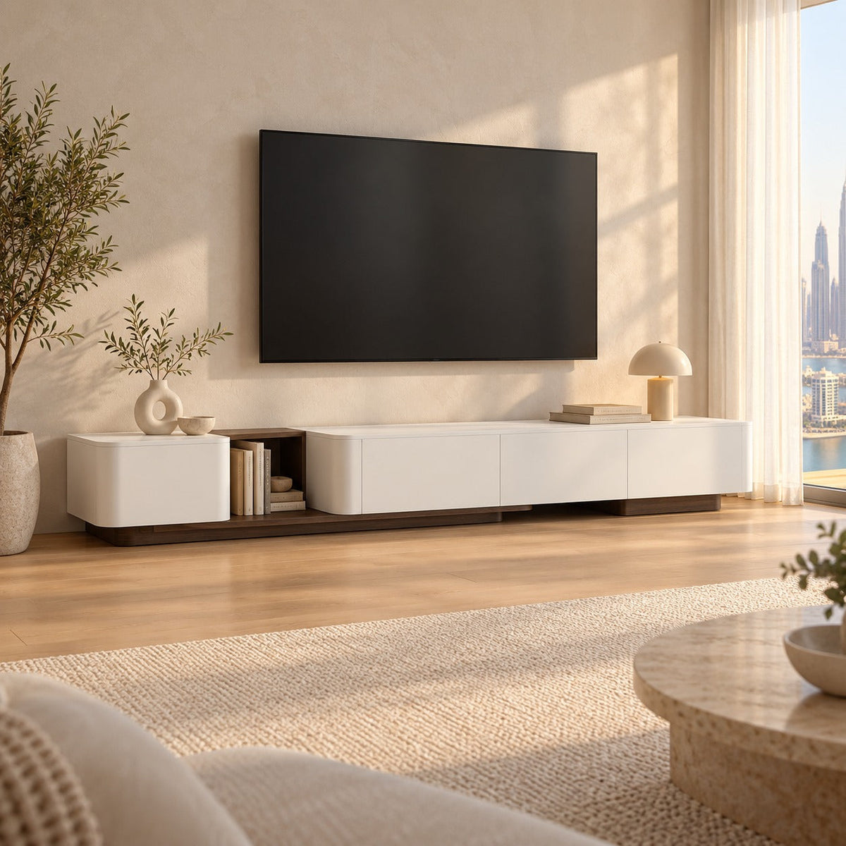Lumo extendable white and walnut TV unit in a sunny Dubai living room