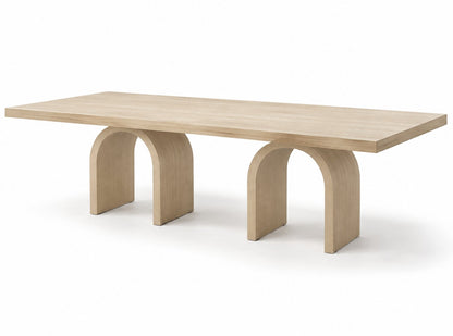 Lune arch leg oak dining table, 3/4 view on white background