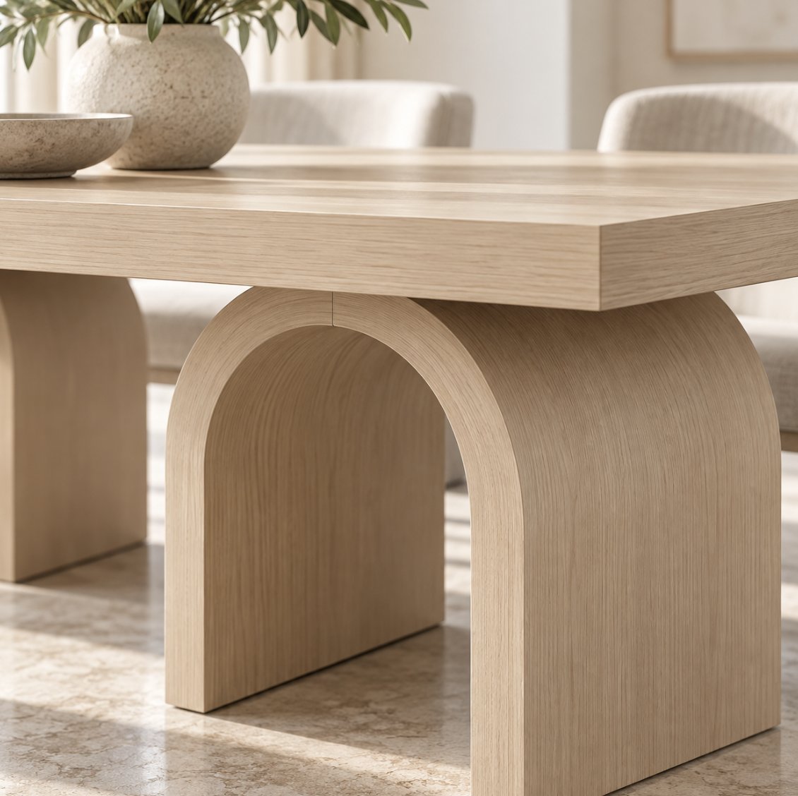 Close-up of the oak veneer arch leg and 5 cm tabletop of the Lune dining table