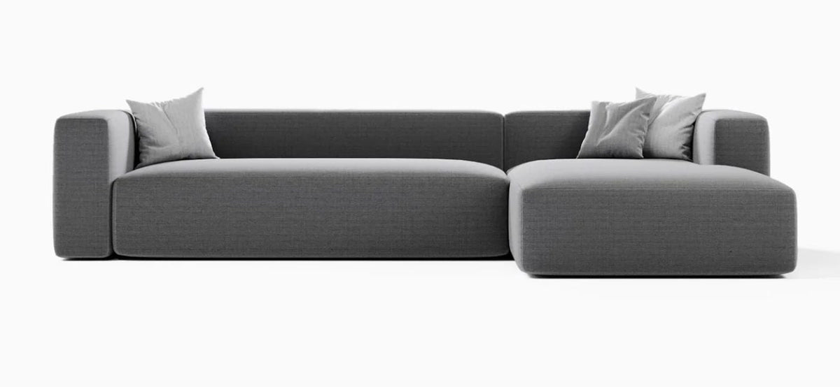 Mesa low-profile L-shaped sectional sofa with right chaise in grey linen, front view
