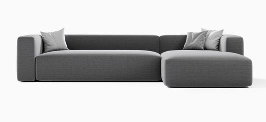 Mesa low-profile L-shaped sectional sofa with right chaise in grey linen, front view
