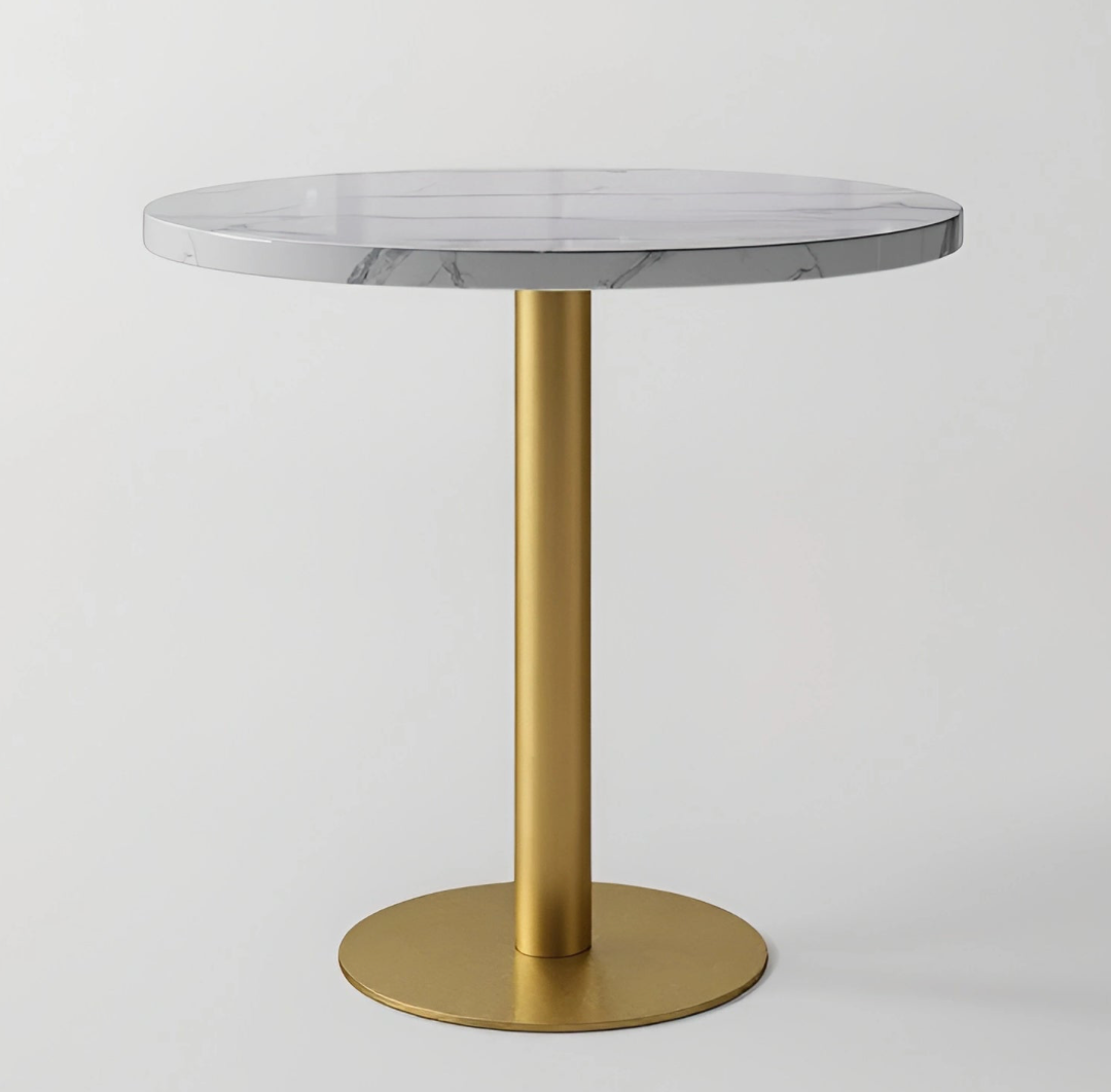 Minimalist Circular White Marble Top Table featuring a Black Column Support