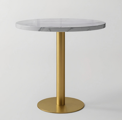 Minimalist Circular White Marble Top Table featuring a Black Column Support