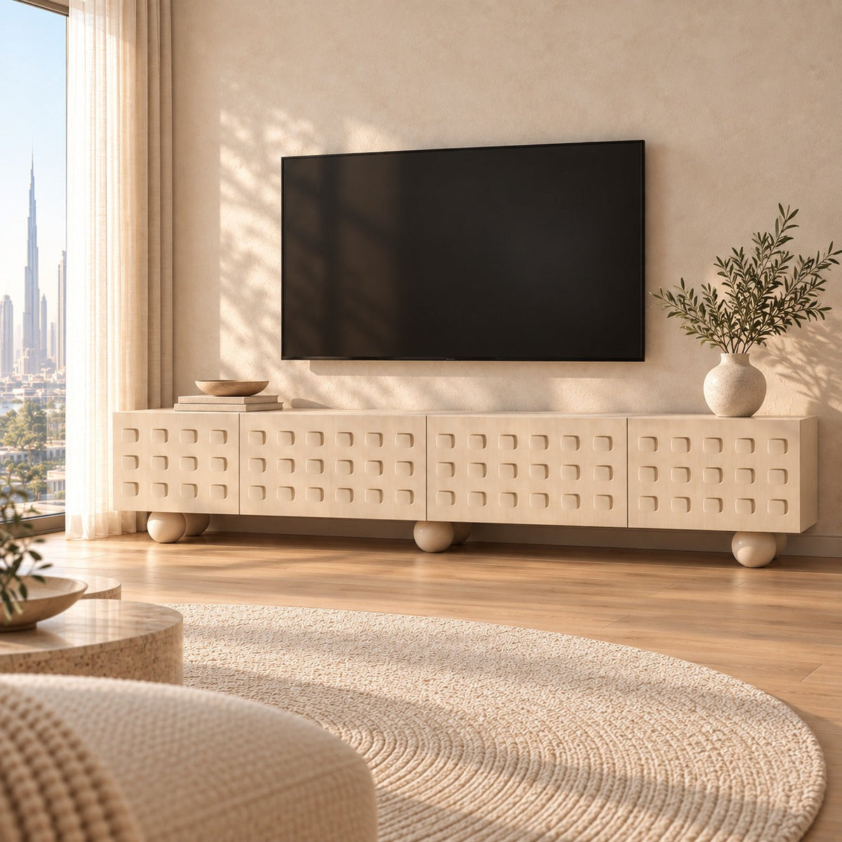 Miro Japandi whitewashed wood TV unit 200cm in a sunny Dubai living room