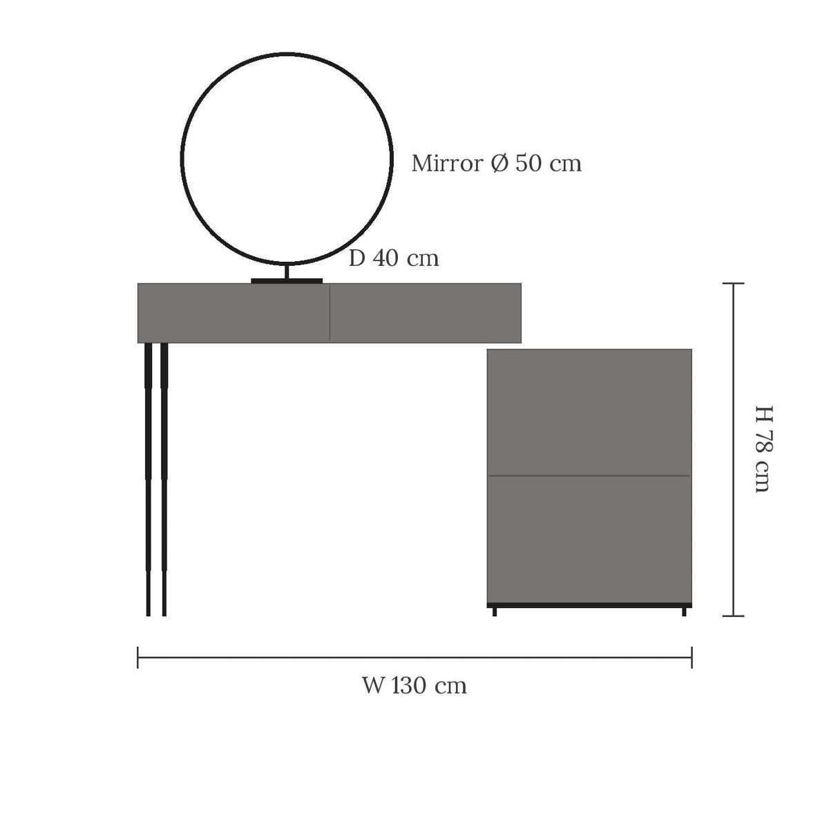 Netta dressing table dimensions W 130 x D 40 x H 78 cm, mirror 50 cm
