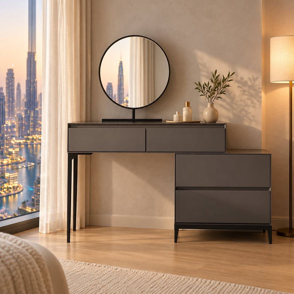 Netta dark grey dressing table with round mirror in a Dubai Marina bedroom