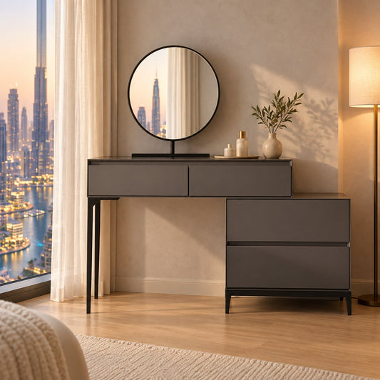 Netta dark grey dressing table with round mirror in a Dubai Marina bedroom