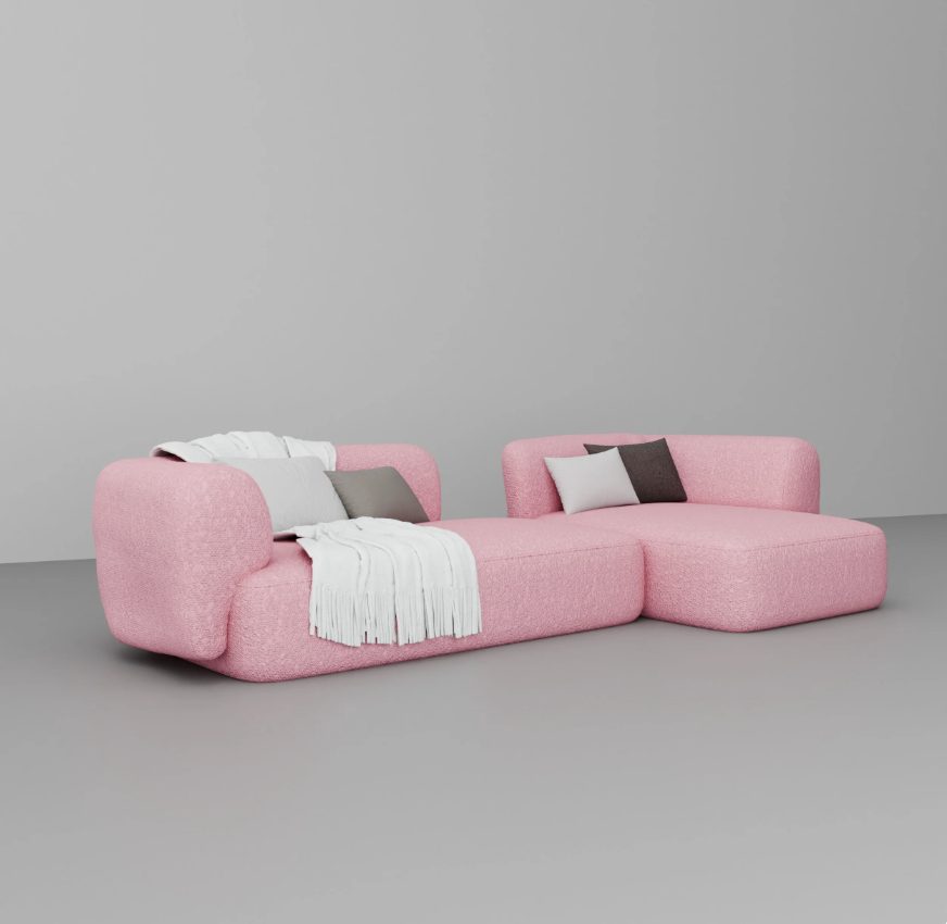 Nube 300cm pink bouclé sofa, angled view showing the two pieces