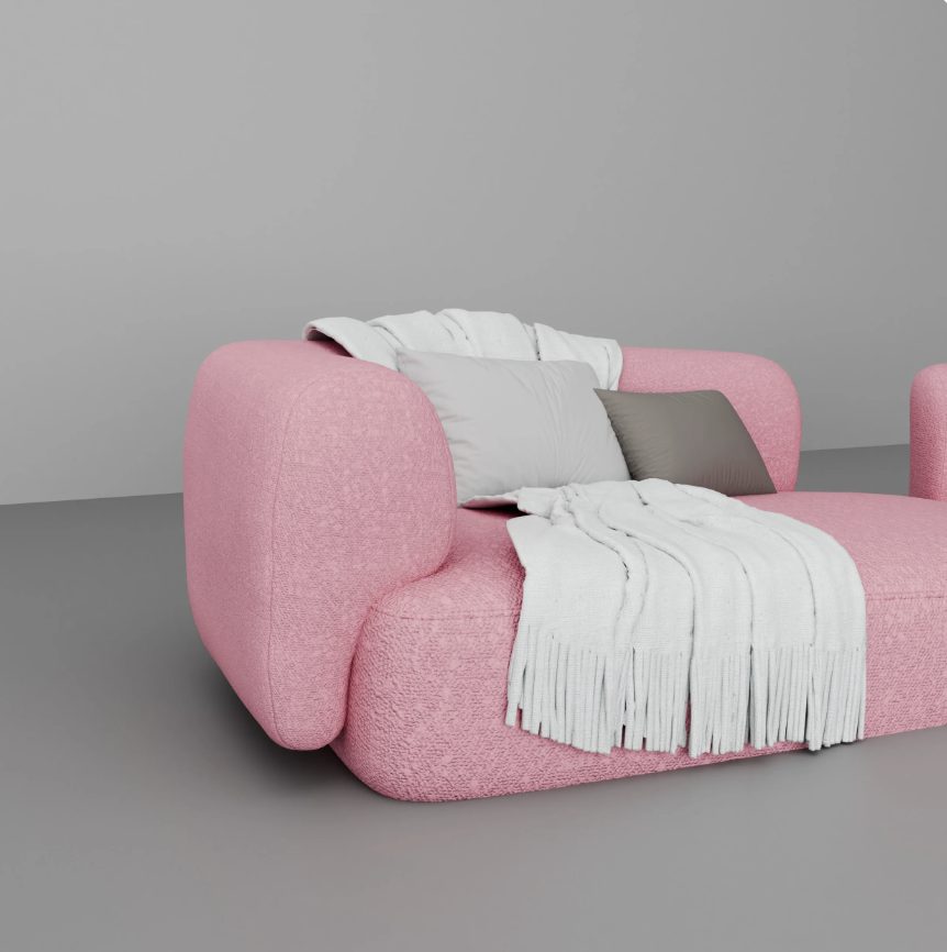 Close-up of the rounded arm and pink bouclé texture