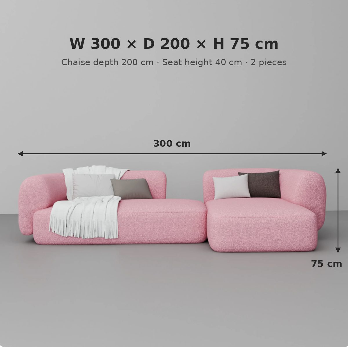 Nube sofa dimensions: W 300 x D 200 x H 75 cm, seat height 40 cm