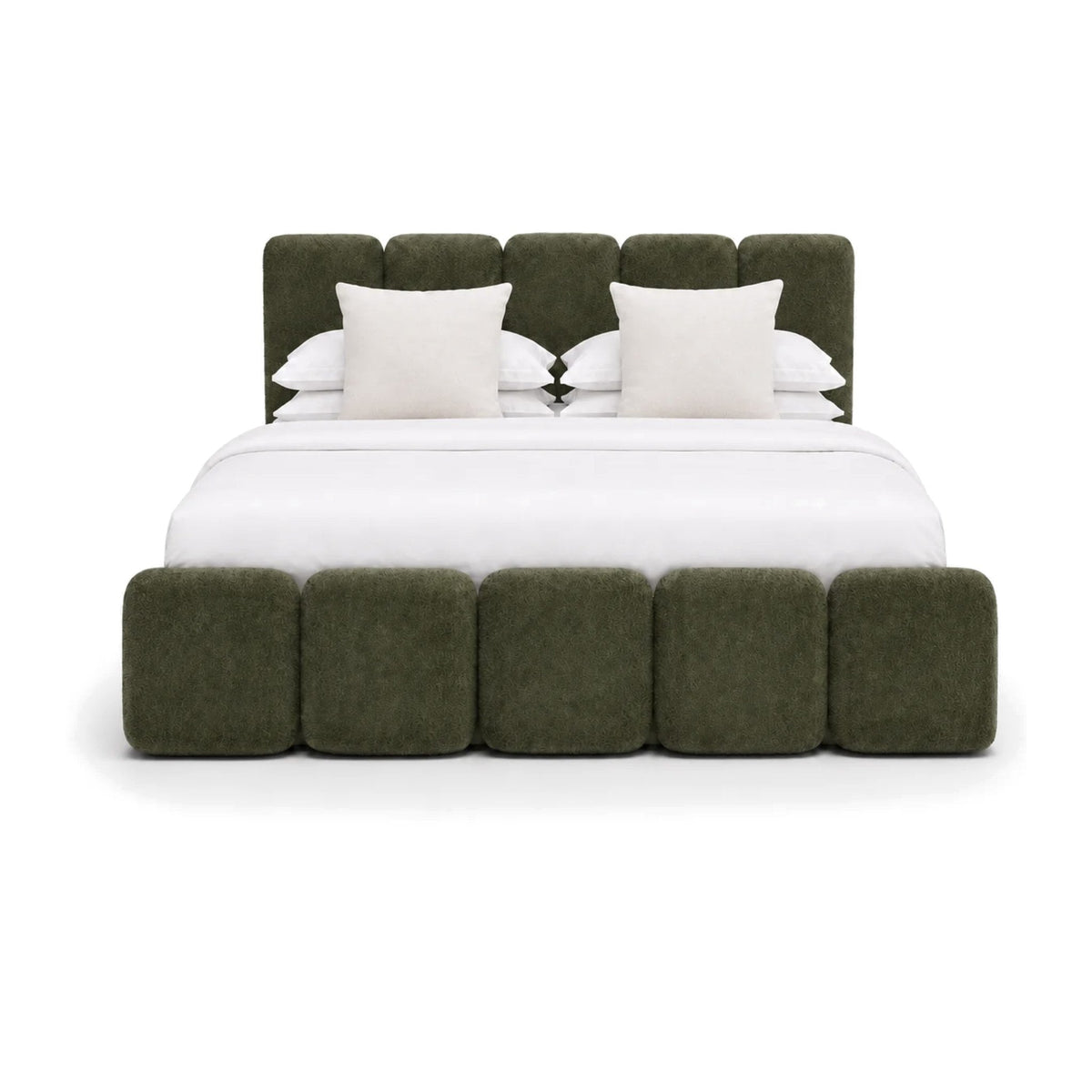 Verde green upholstered bed front view with five rounded headboard panels and padded block footboard — RoomVibe