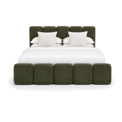 Verde green upholstered bed front view with five rounded headboard panels and padded block footboard — RoomVibe
