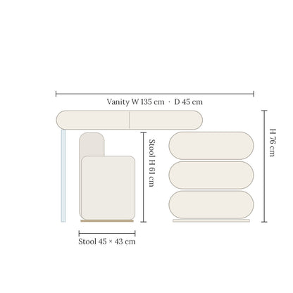 Onda makeup vanity dimensions W 135 x D 45 x H 76 cm, stool 45 x 43 x 61 cm