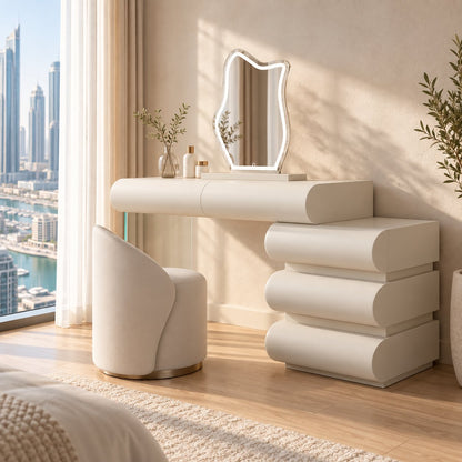 Onda off-white wave makeup vanity set with wavy mirror and stool in a Dubai Marina bedroom