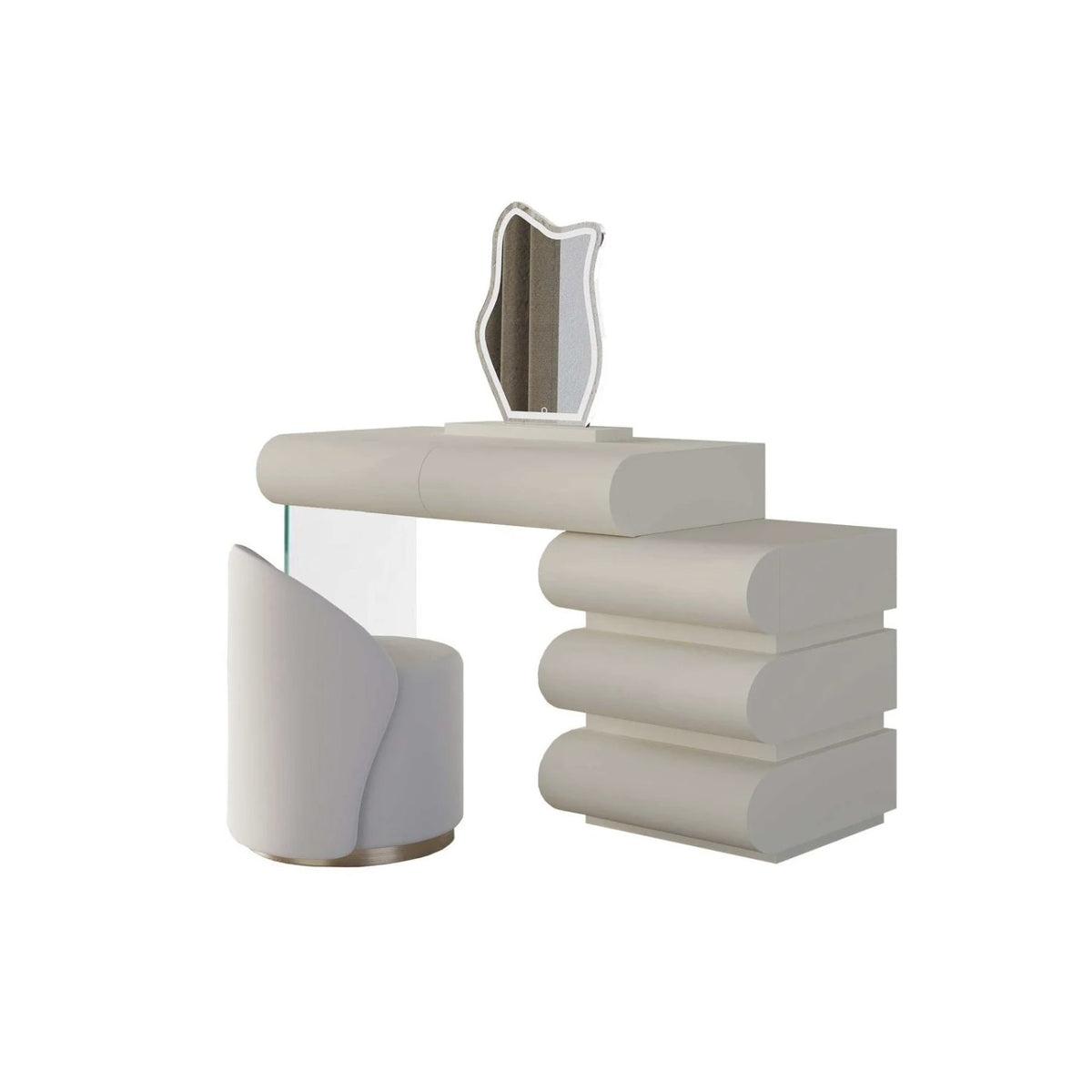 Onda wave makeup vanity with acrylic leg, mirror and stool on white background