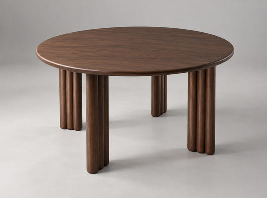 Orla round dining table in dark walnut, 110 cm, with sculpted pillar legs