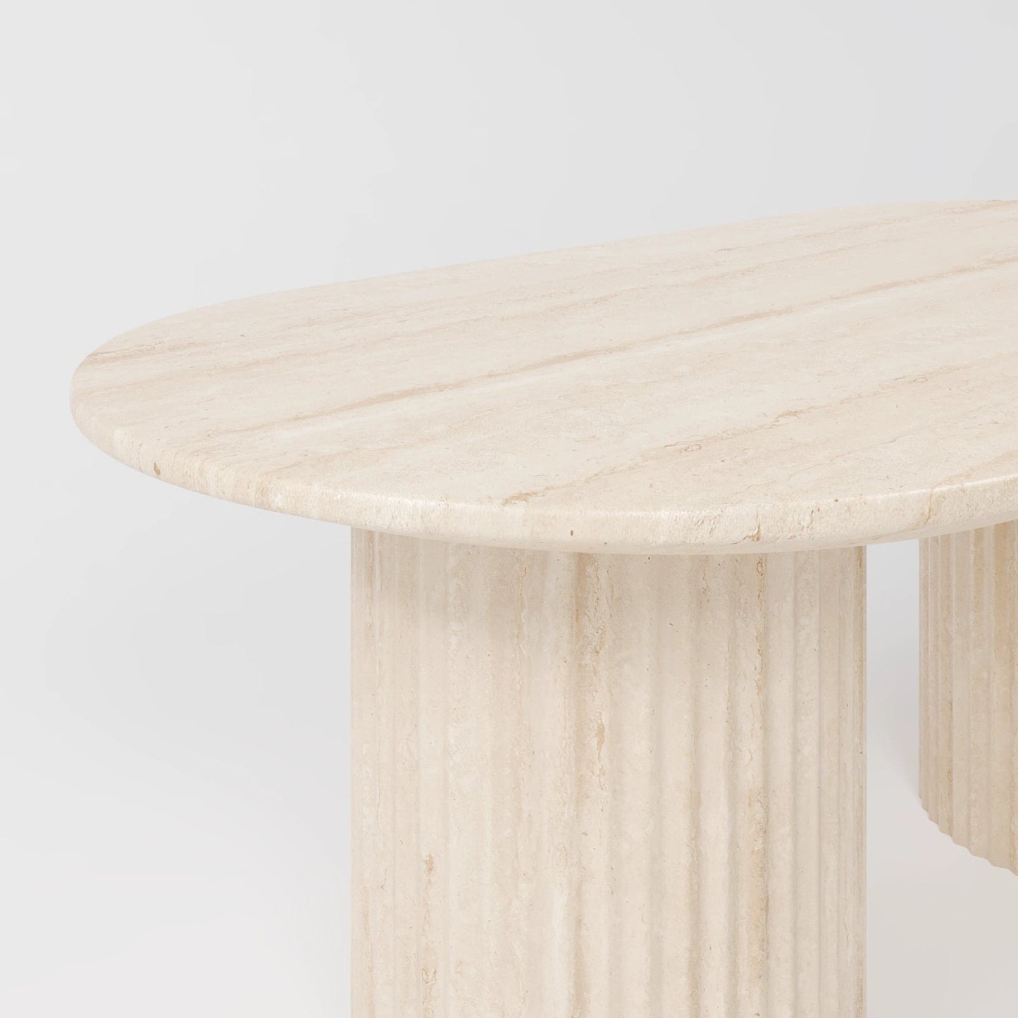 Contemporary Oval Travertine Dining Table with Dual Fluted Pedestal Pillars