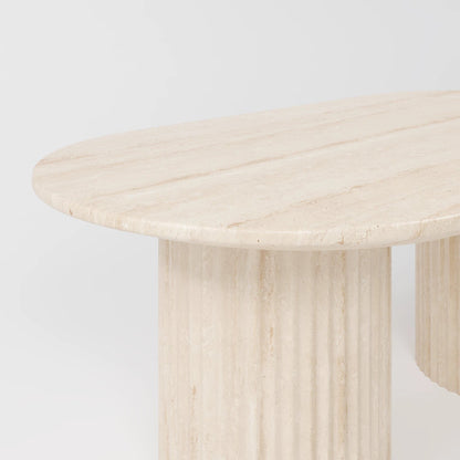 Contemporary Oval Travertine Dining Table with Dual Fluted Pedestal Pillars