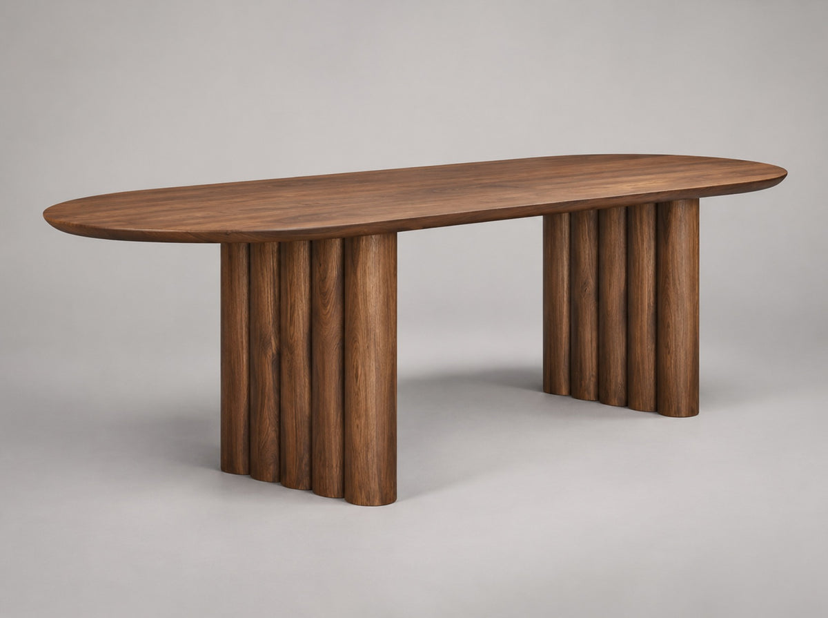 Ripple oval walnut dining table with fluted pillar legs, RoomVibe Dubai