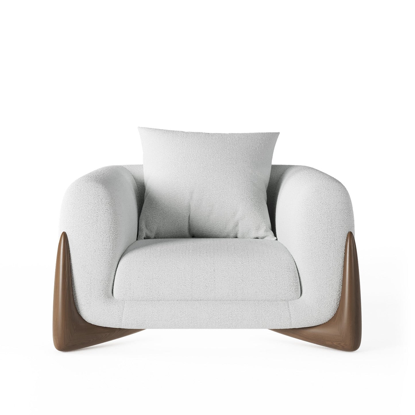 Architectural White Bouclé Accent Chair with Solid Wood Sled Frame