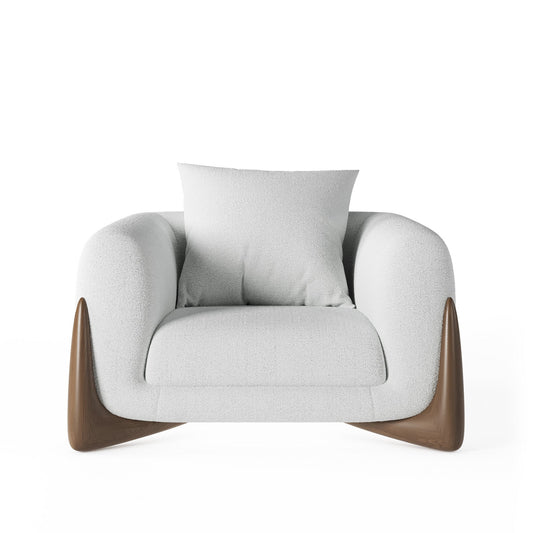 Architectural White Bouclé Accent Chair with Solid Wood Sled Frame