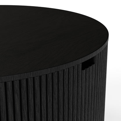 Contemporary Round Oak Storage Table with Vertical Fluted Drum Base