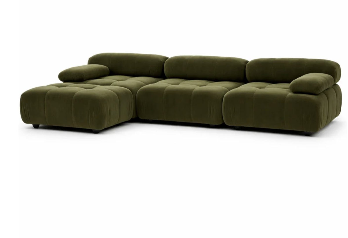 Cumulus 288cm L-shape modular sofa, angled view showing tufted seats and bolster arms