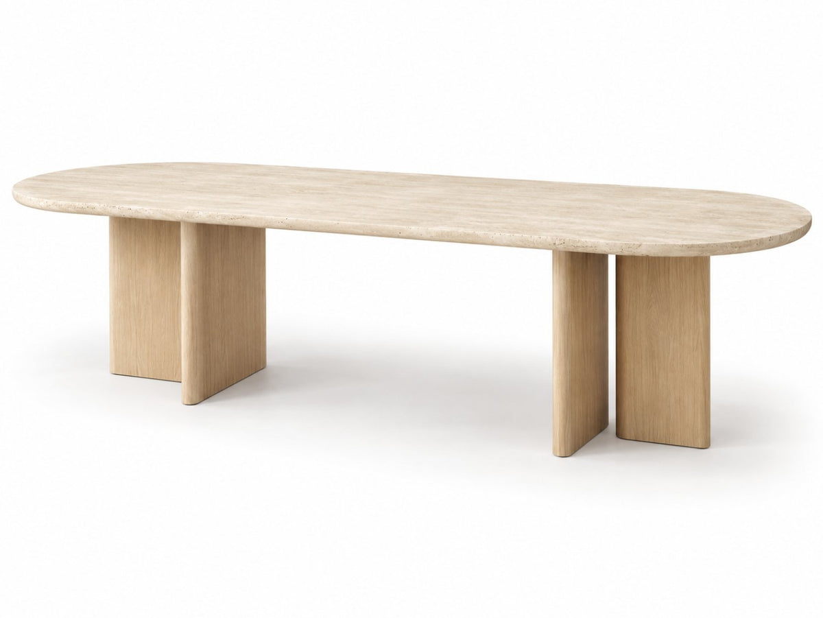 Sola oval travertine dining table, 3/4 view on white background
