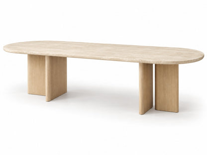 Sola oval travertine dining table, 3/4 view on white background