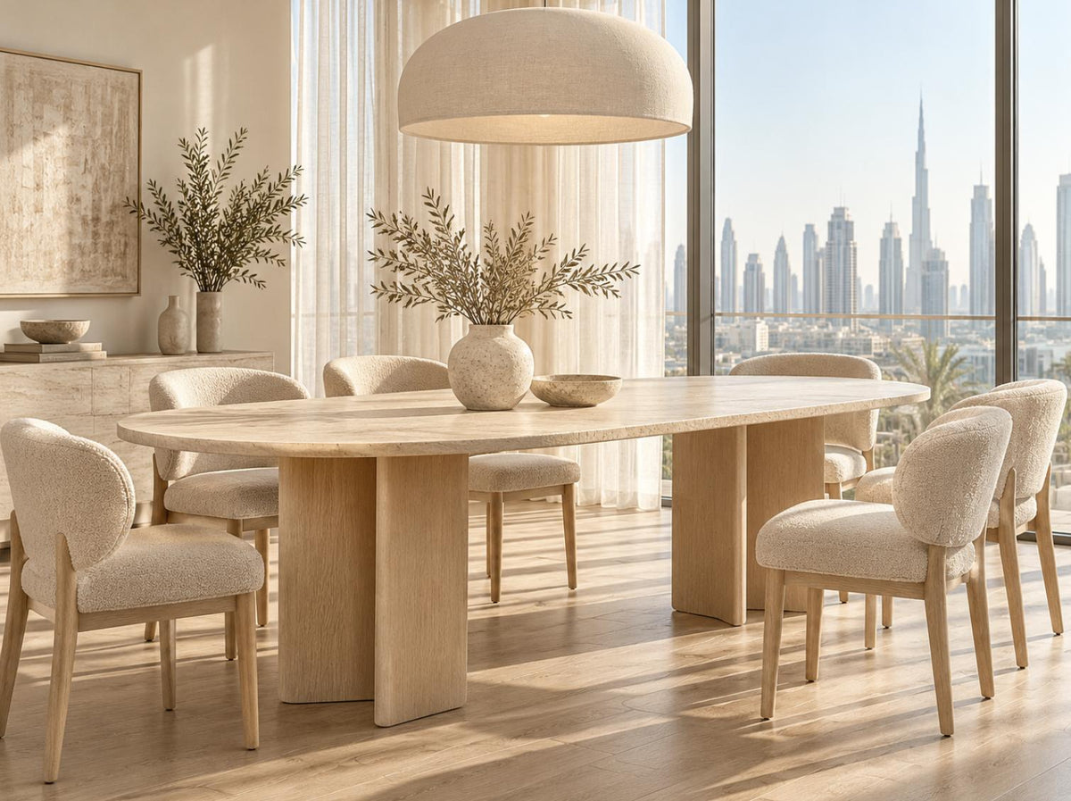Oval travertine and oak dining table in a bright Dubai apartment with boucle chairs
