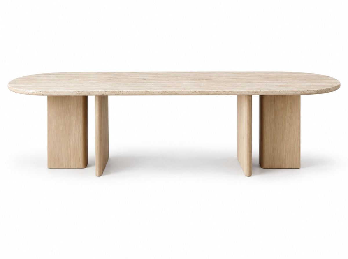 Sola oval travertine dining table with light oak slab legs, RoomVibe Dubai