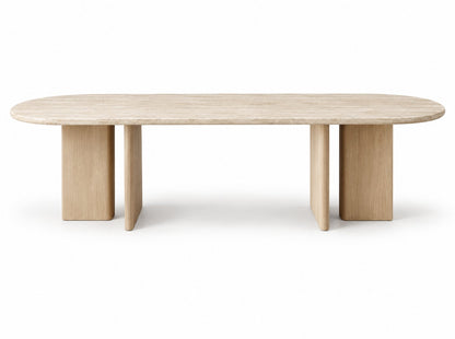 Sola oval travertine dining table with light oak slab legs, RoomVibe Dubai