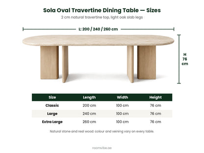 Sola oval travertine dining table sizes: 200, 240 and 260 cm long, 100 cm wide, 76 cm high