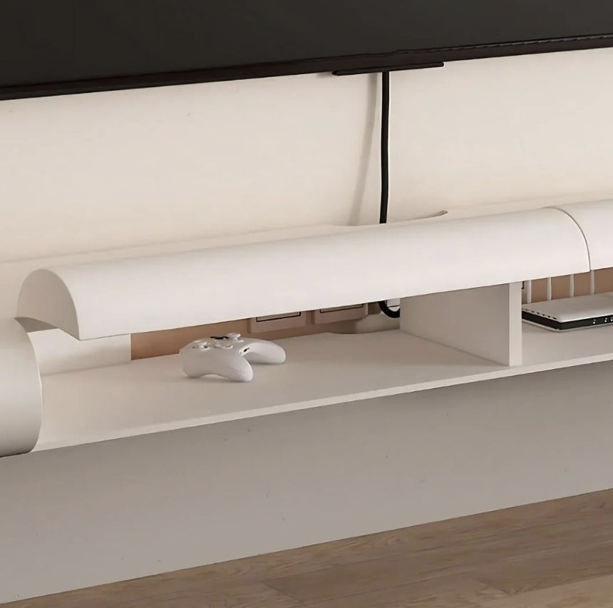Sora TV unit flap door open showing cable and router shelf