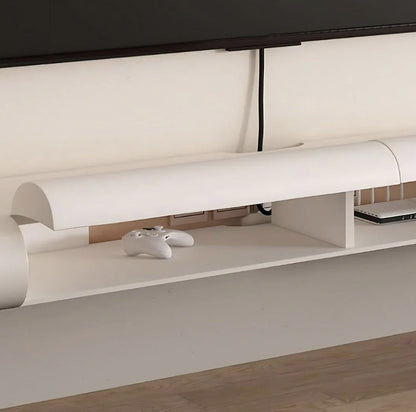 Sora TV unit flap door open showing cable and router shelf